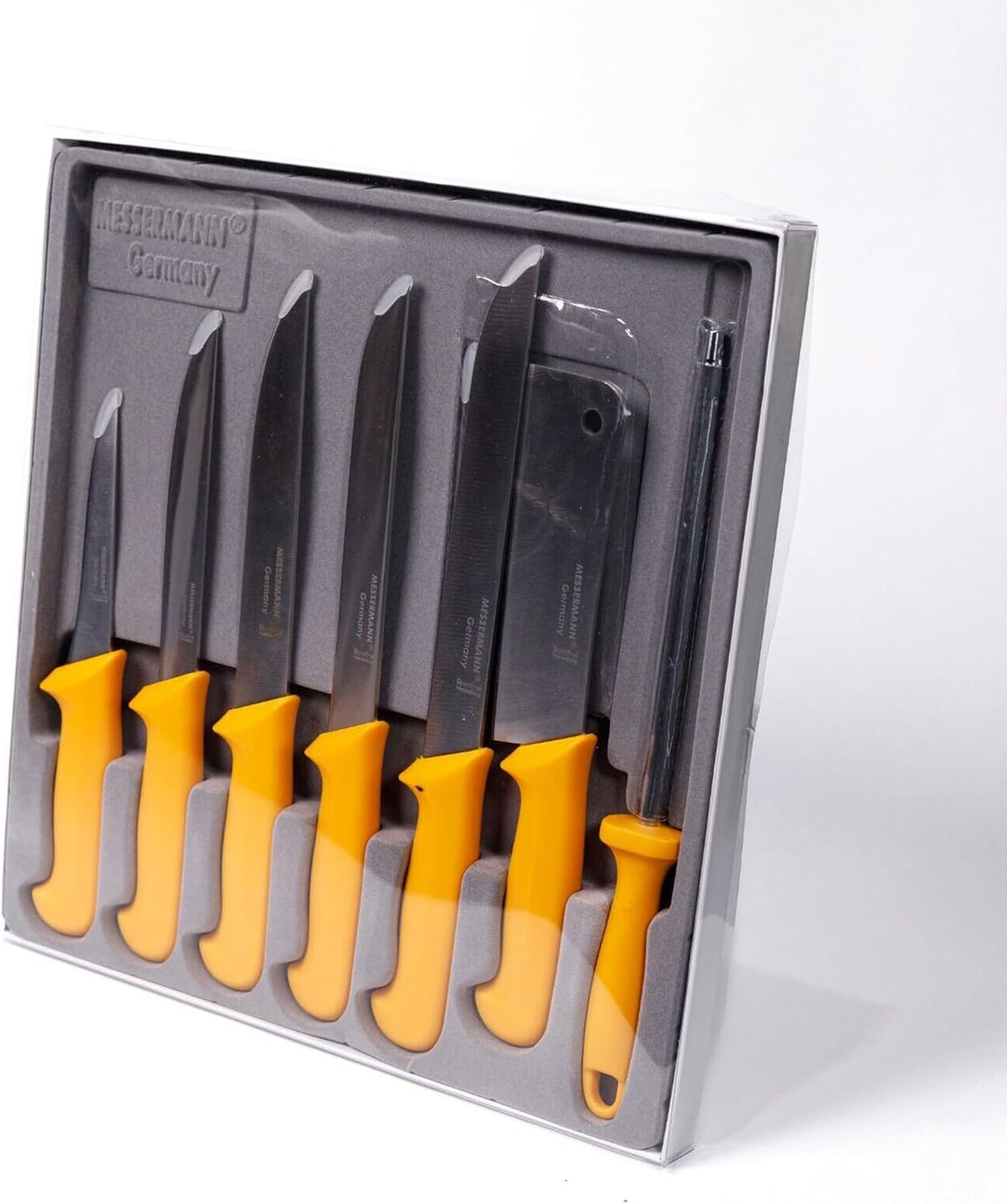 Messermann Germany Fleischmesser Set 7er Box Fleischermesser, Stechmesser, Ausbeinmesser Beil,