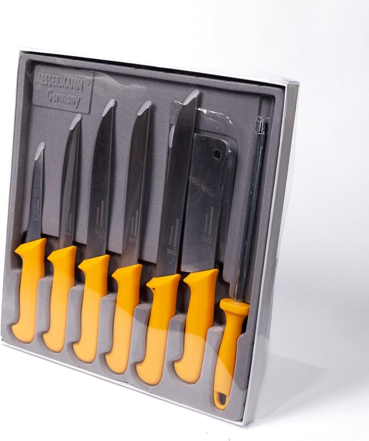 Messermann Germany Fleischmesser Set 7er Box Fleischermesser, Stechmesser, Ausbeinmesser Beil,