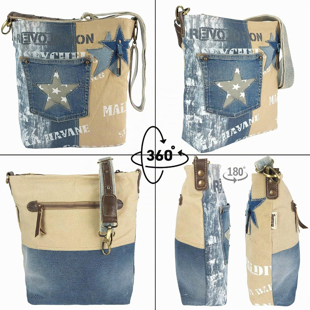 Sunsa Damen Tasche. Nachhaltige Umhängetasche. Handtasche aus recycelte Jeans &amp; Canvas Schultertasch