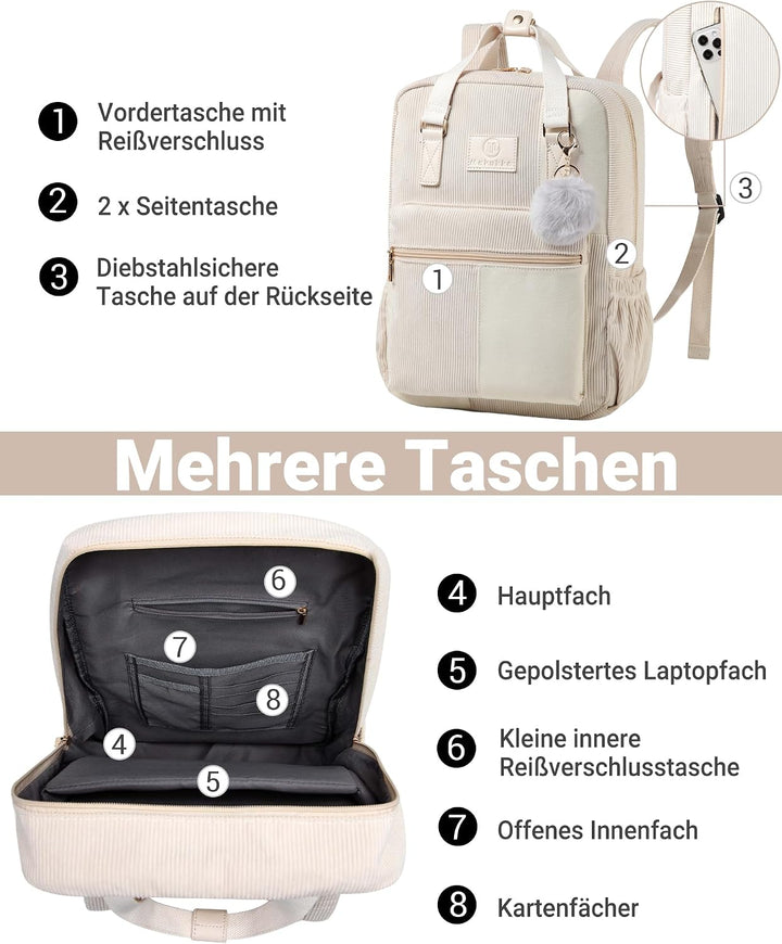 Makukke Rucksack Damen&Herren, Cord Daypack Anti-Theft Tasche Casual Schultasche Citytasche, für Sch
