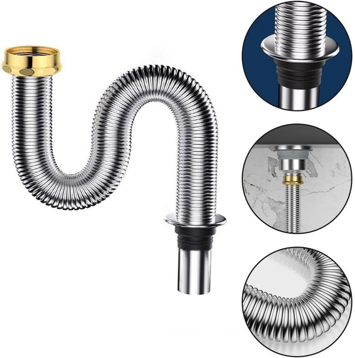 Waschbecken-Ablauf-Set, Edelstahl, Siphon, Abfluss, Flexibler Rohrschlauch, geruchsdichter Silikon-D