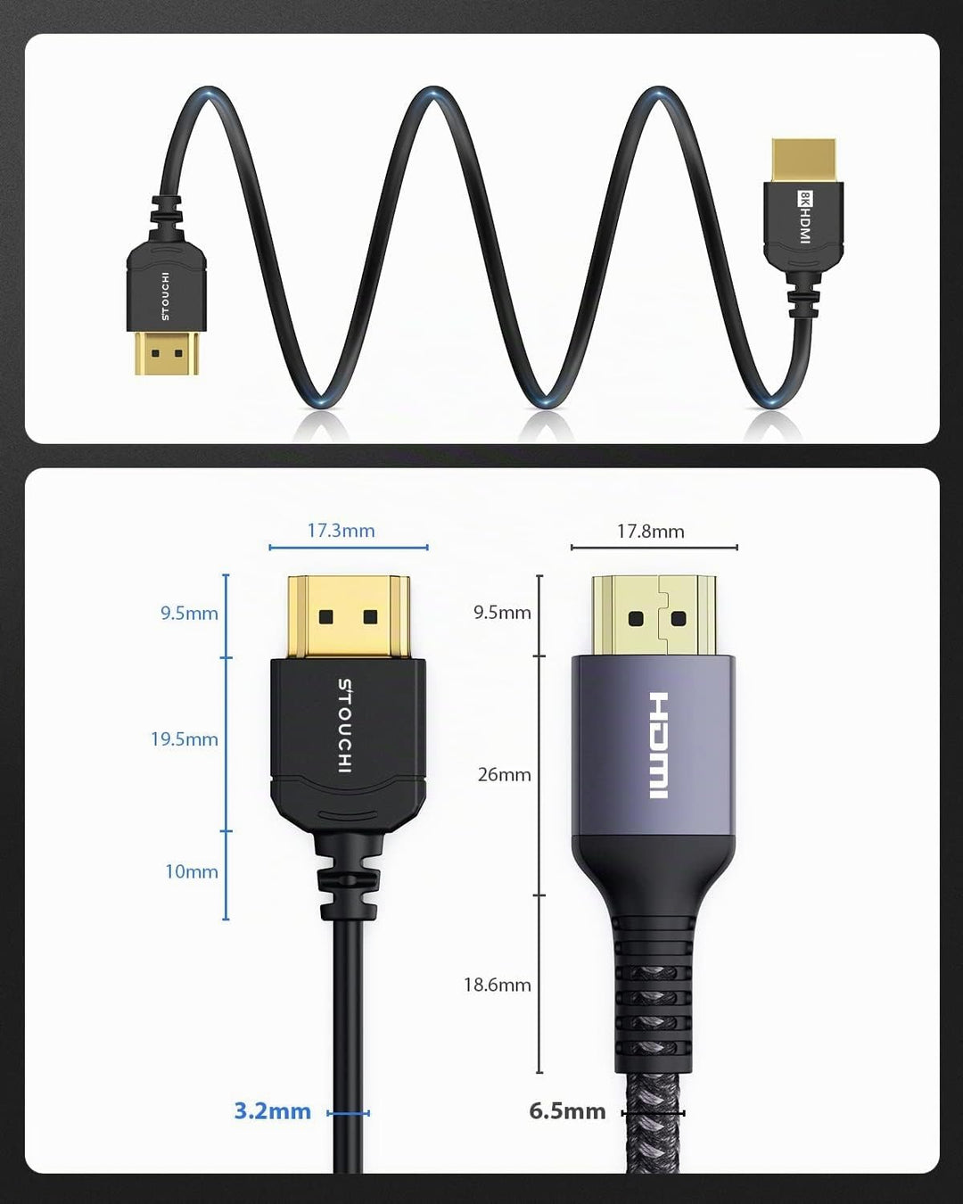 Stouchi Ultradünnes HDMI 2.1 Kabel 8K 1,5M, Hyper Slim HDMI 2.1 Kabel,Extrem Flexibles 8K HDMI Kabel