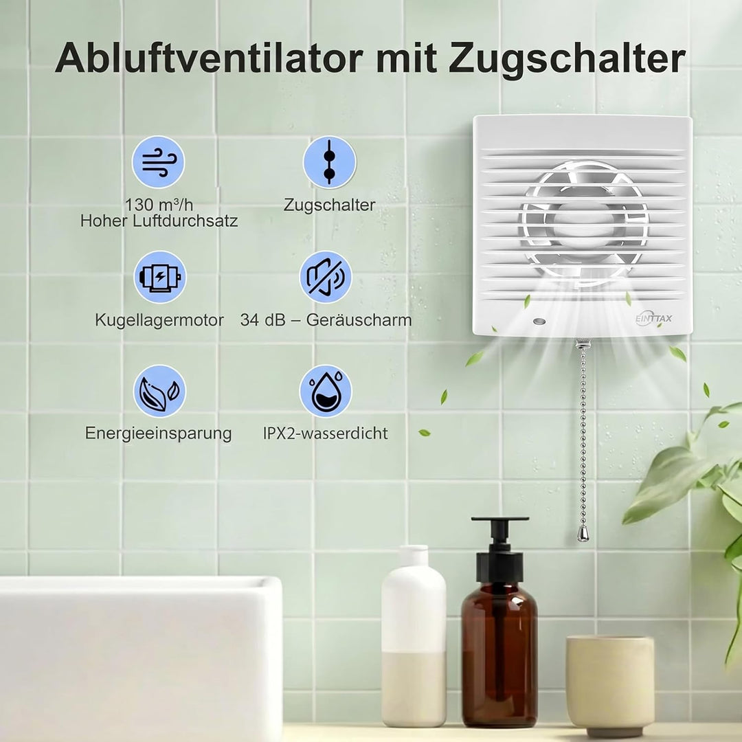 Badlüfter 100mm Abluftventilator Küche mit Zugkordel, 135m³/h Wasserdicht Badlüfter mit Rückstauklap