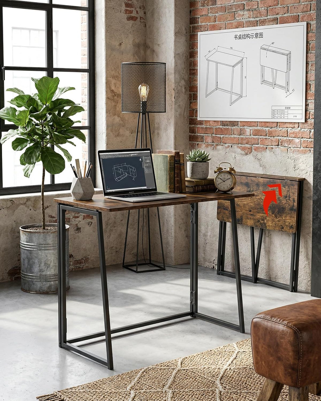 Schreibtisch klappbar 80x40cm Verbrannte Holzoptik, Schnell Aufbaubar Klapptisch, Kleiner Schreibtis