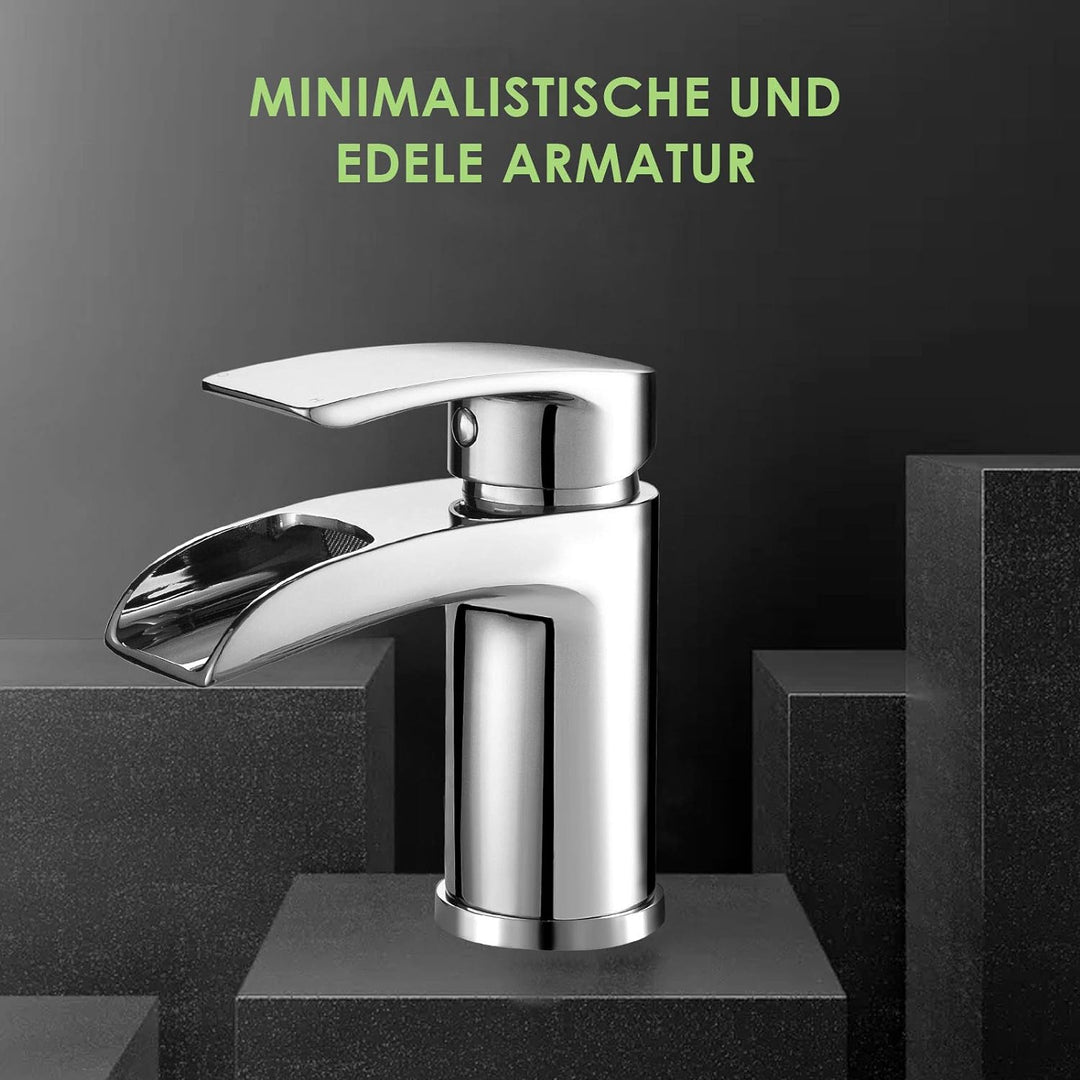 Design Wasserfall Wasserhahn Chrom Waschtischarmatur Einhebelmischer-Waschtischbatterie Bad Armatur