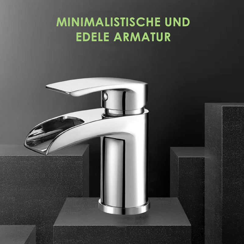 Design Wasserfall Wasserhahn Chrom Waschtischarmatur Einhebelmischer-Waschtischbatterie Bad Armatur