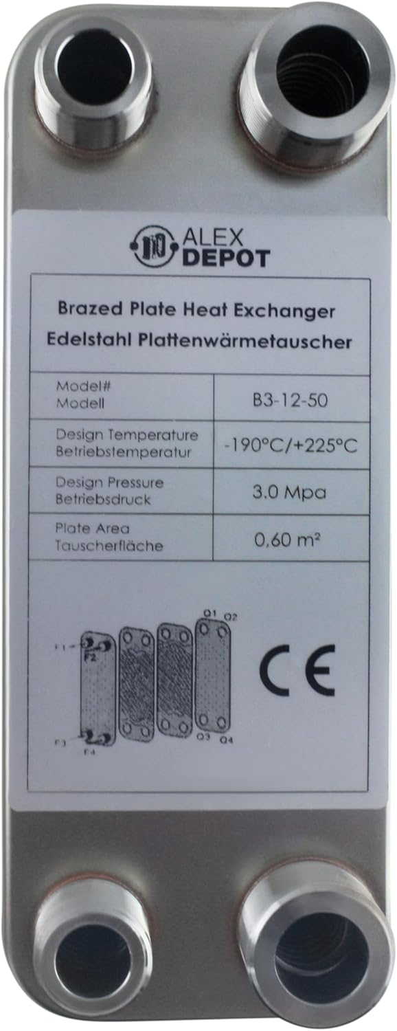 Edelstahl Plattenwärmetauscher B3-12-50 mit 2x1/2 & 2x3/4 Zoll Anschl. 90kW Heizung Solar (PWT)