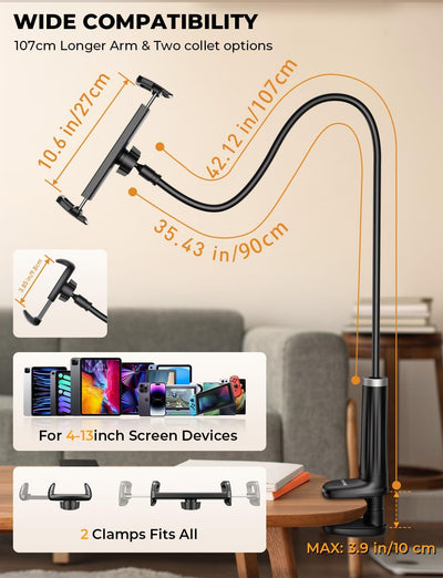 Tryone Schwanenhals Tablet Halterung Bett: Tablet Halter 360°Drehbarer Sockel mit 2 Clips Handyhalte