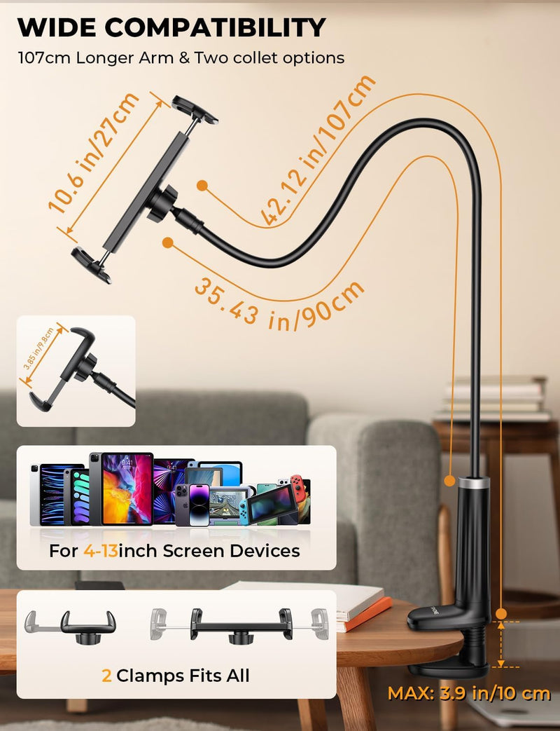 Tryone Schwanenhals Tablet Halterung Bett: Tablet Halter 360°Drehbarer Sockel mit 2 Clips Handyhalte