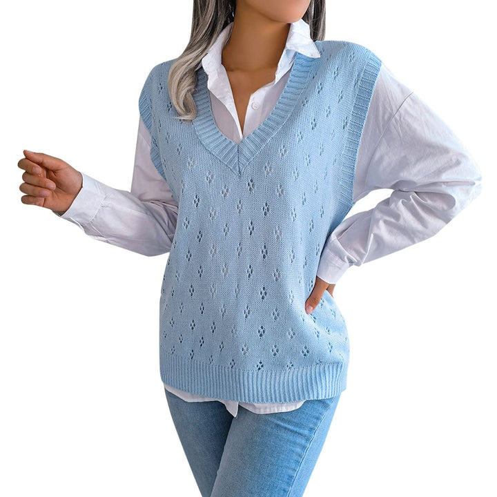 Ärmellose Strickweste für Damen, V-Ausschnitt, College-Pullover, Übergrösse Blau S, Blau S