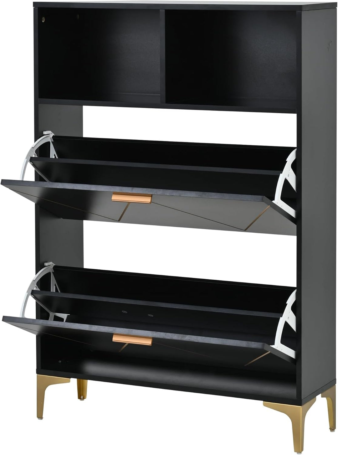 ModernLuxe Schuhschrank Schwarz mit 2 Klapptüren, 4-Fächer Schuhkommode 80×25×117 cm mit Halboffenen