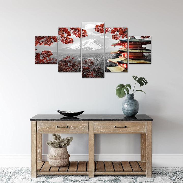 Runa Art Wandbilder Japan 5 Teilig Bild auf Vlies Leinwand Deko Wohnzimmer Schlafzimmer Tempel Rot G