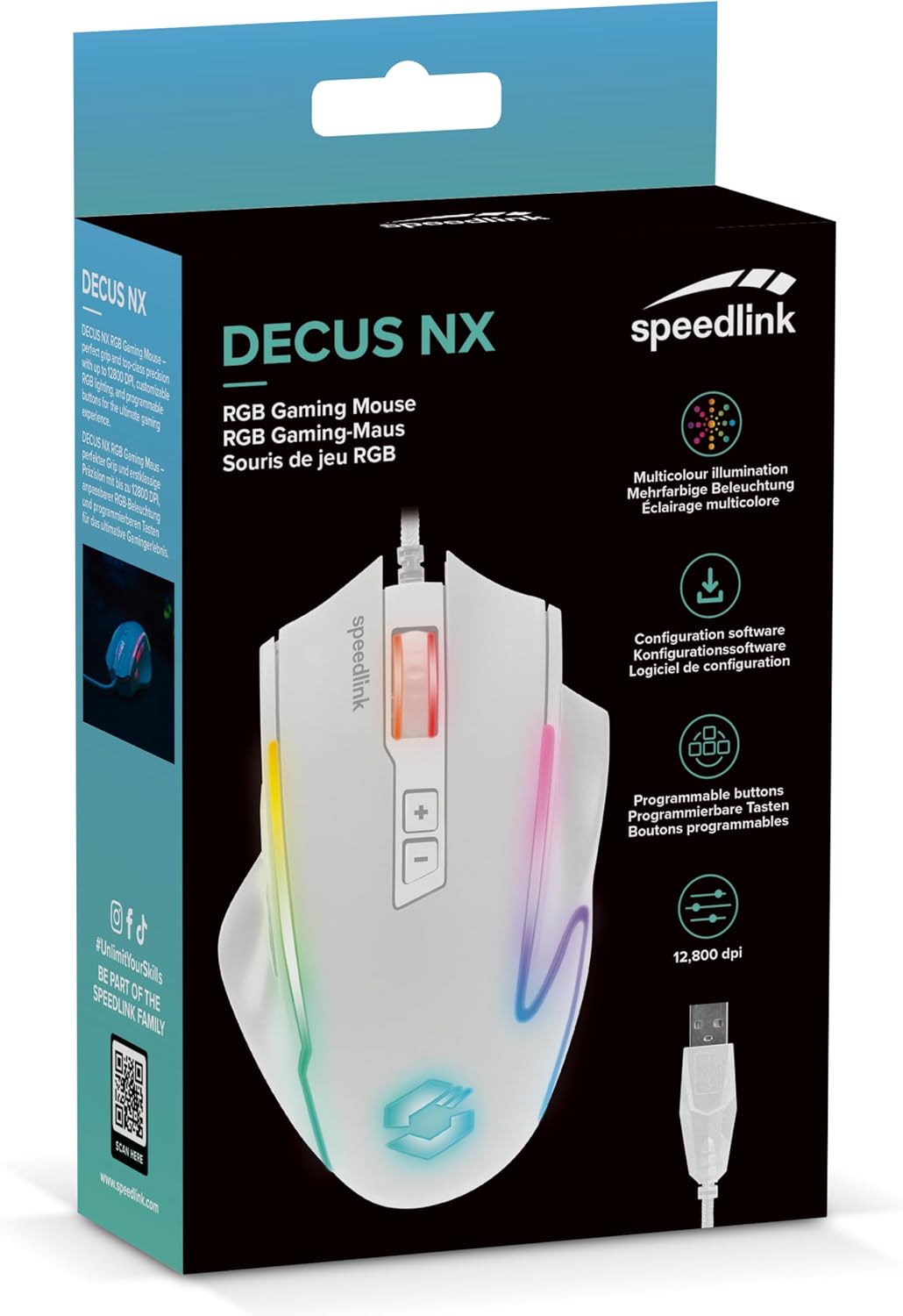 Speedlink DECUS NX - RGB Gaming Maus mit Kabel, bis 12800dpi, Programmierbar, Dauerfeuer Taste, USB