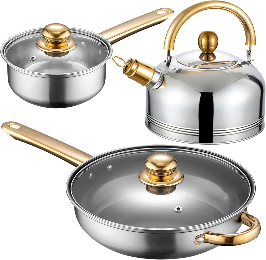 Retoo Topfset 12-teilig Edelstahl Kochtopfset mit Glasdeckel und goldenen Griffen, Grosses Cooking P