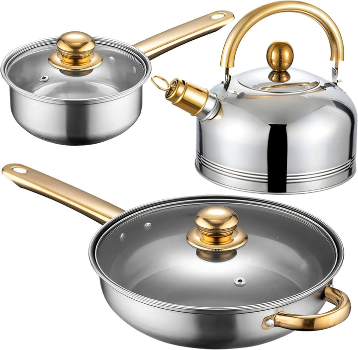 Retoo Topfset 12-teilig Edelstahl Kochtopfset mit Glasdeckel und goldenen Griffen, Grosses Cooking P