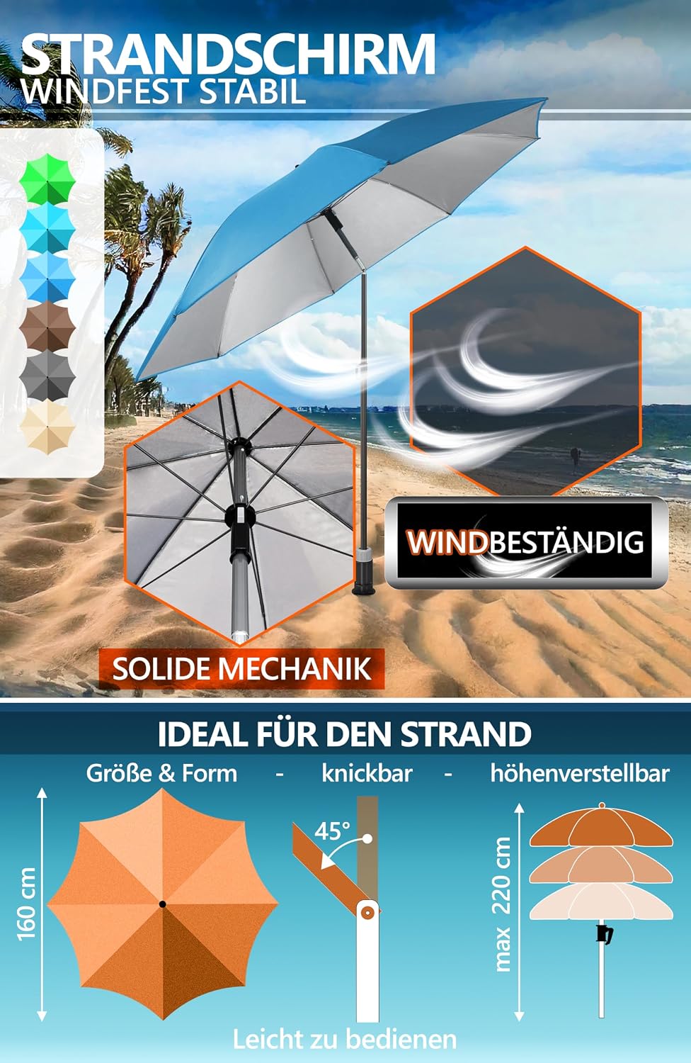4smile Sonnenschirm Strand SunnyJoy, 3-in-1 SET, Blau - UPF 50+ Strandschirm Ø 180 cm + Sonnenschirm