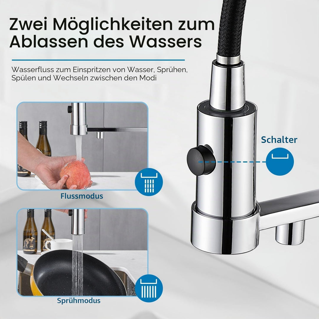 3-Wege-Küchenarmatur, 360° drehbarer Mischbatterie, Spültischmischer mit flexiblem Auslauf, Küchensp
