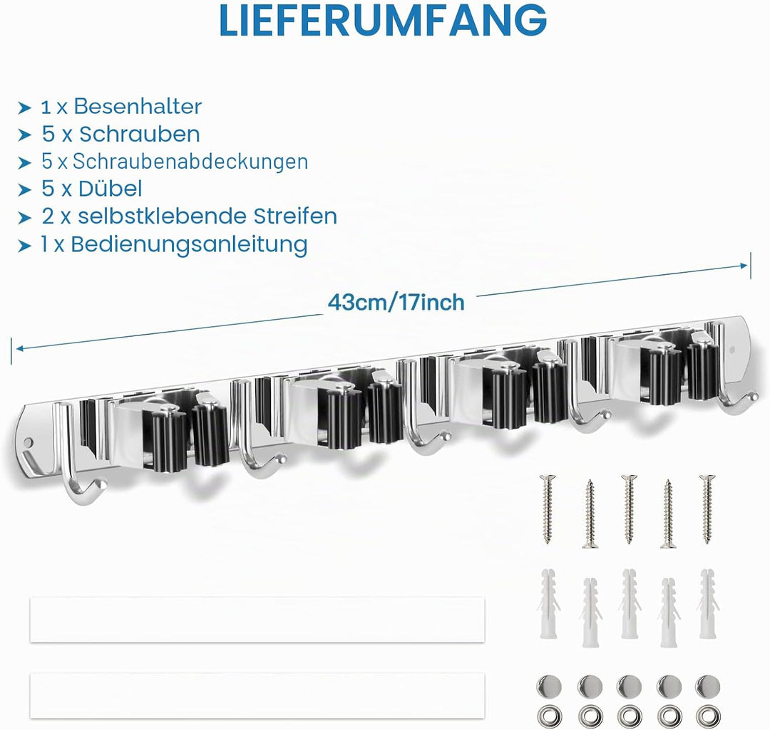 Besenhalterung Wand, ibell Gerätehalter Wandhalterung Edelstahl mit 4 Halter und 5 Haken, Gartengerä