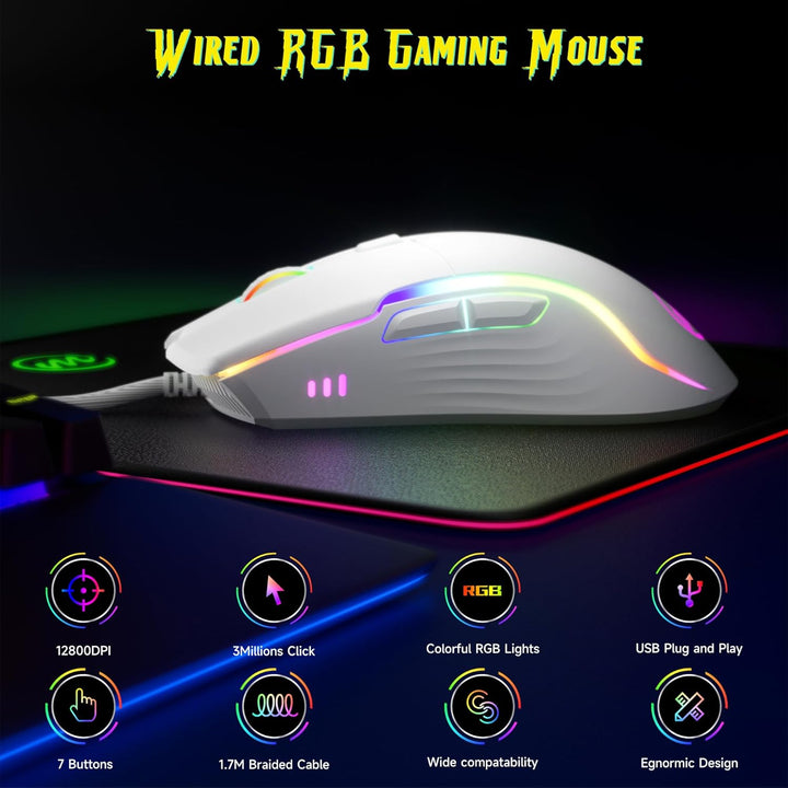 memzuoix Gaming Maus mit Kabel und LED-Lichtern – 12.800 DPI einstellbar, 6 Tasten, 12 RGB-Modi, Erg