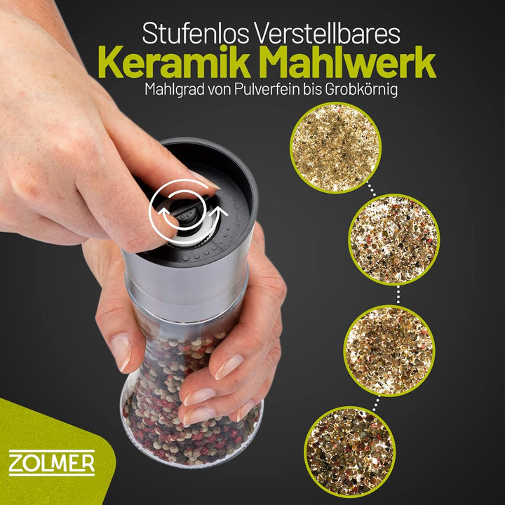 ZOLMER® Gewürzmühle 2er Set mit Verstellbarem Keramikmahlwerk - Edle Salzmühle & Pfeffermühle aus Ho