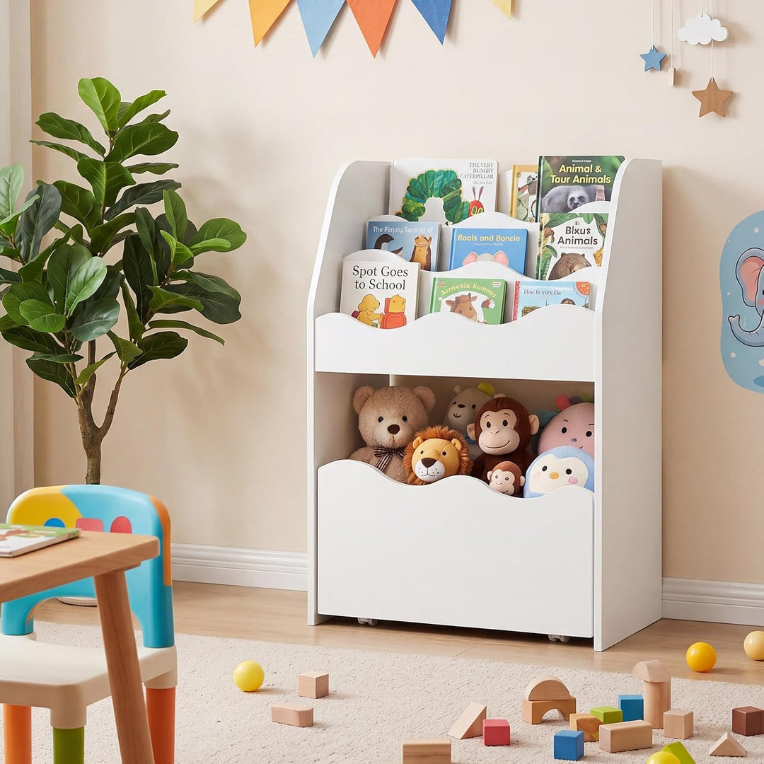 COSTWAY Kinder Bücherregal mit Schublade auf Rollen (Weiss) | 3-stufiges Kinderregal wellenförmig au
