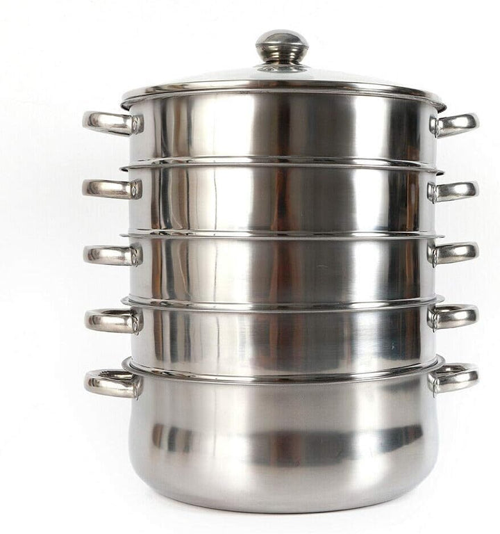 Dampfgarer mit 5 Ebenen aus Edelstahl, 26/28/30cm Kochtopf aus Edelstahl mit Glasdeckel und zwei Dam
