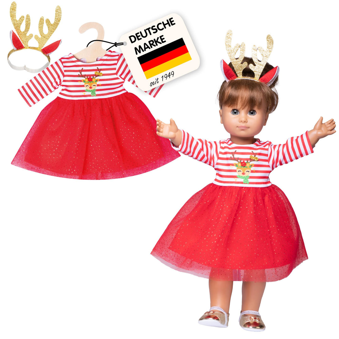 Heless 2151 - Weihnachts-Kleid für Puppen im Design Rentier Rudi, inklusive Haarband mit prachtvolle