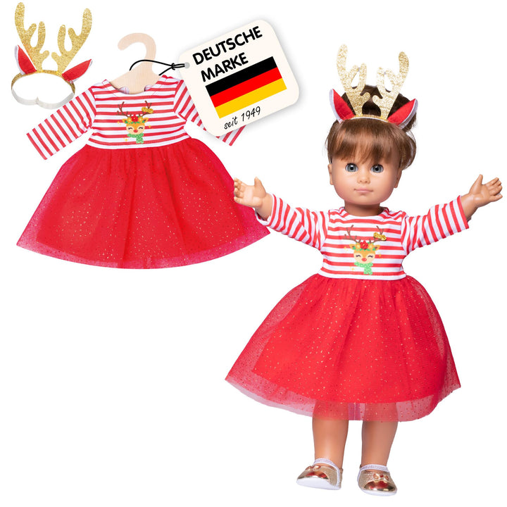 Heless 2151 - Weihnachts-Kleid für Puppen im Design Rentier Rudi, inklusive Haarband mit prachtvolle