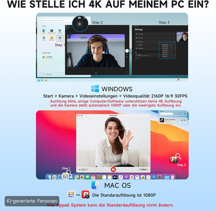 AOC 4K Webcam mit Mikrofon, Autofokus, Automatische Lichtkorrektur, 99° Ansicht, Objektivabdeckung,