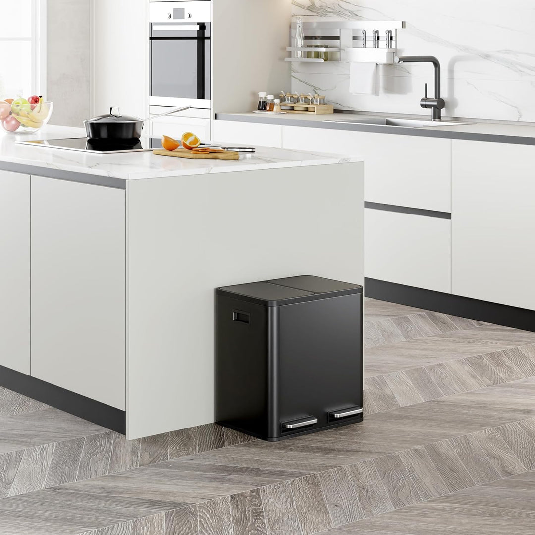 VonHaus Mülleimer 30L, Mattschwarz, Küchenmülleimer 2 Fächer, Doppelmülleimer 2 x 15L, Mülltrennsyst