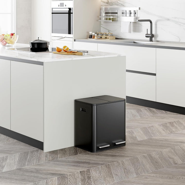 VonHaus Mülleimer 30L, Mattschwarz, Küchenmülleimer 2 Fächer, Doppelmülleimer 2 x 15L, Mülltrennsyst