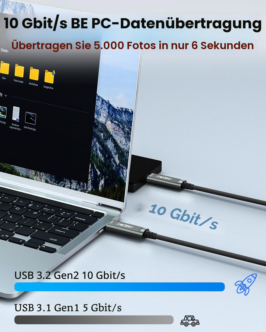 Glasfaser USB C auf USB C Kabel 10M, 10Gbps USB 3.2 High-Speed Datenübertragung Aktives Optisches US