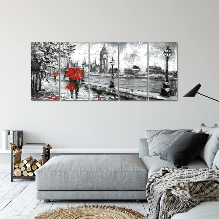 Runa Art Wandbild XXL London Wohnzimmer Schlafzimmer 200 x 80 cm Rot Grau 5 Teilig - Made in Germany