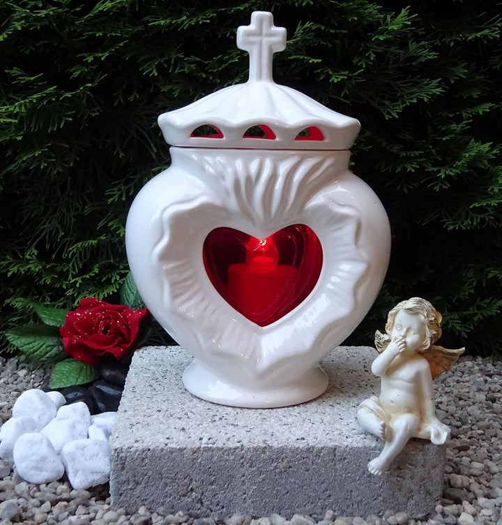 Grablampe mit Sockel Herz weiss 26,0cm incl. Grablicht Kerze Grabschmuck Grablaterne Grabkerze Grabl