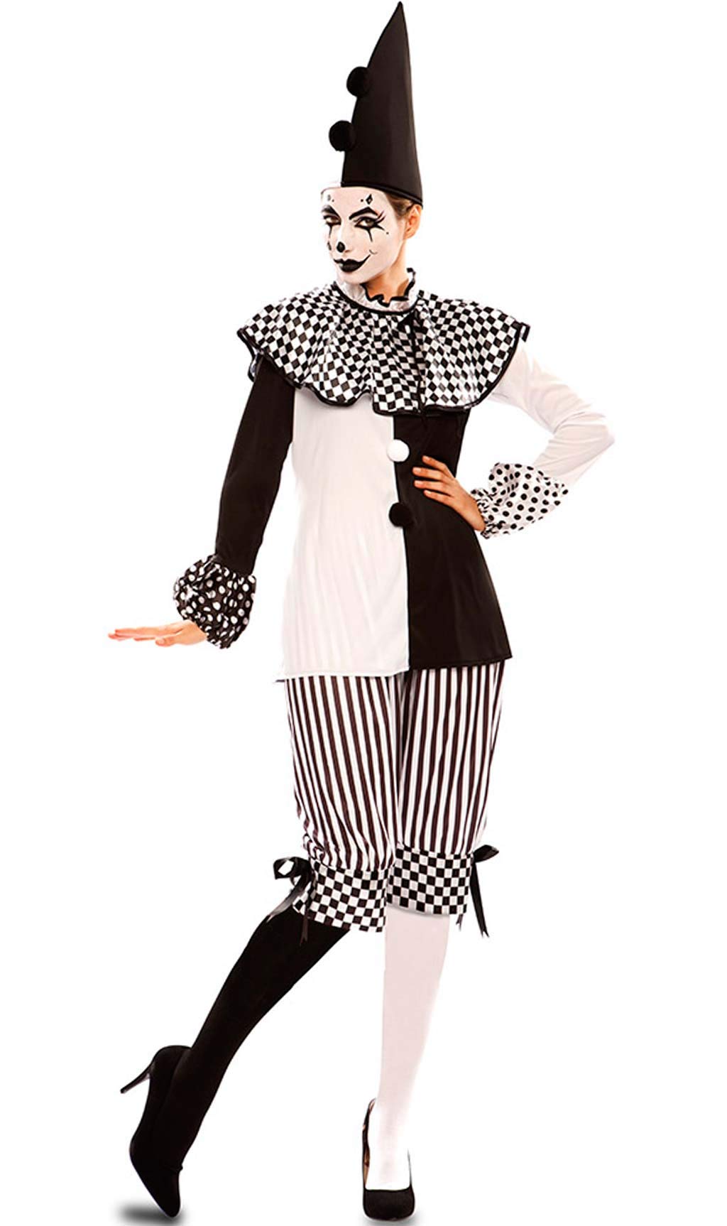 EUROCARNAVALES Damen Kostüm Harlekin Pepi Schwarz Weiss Clown Pierrot Karneval Fasching (38)