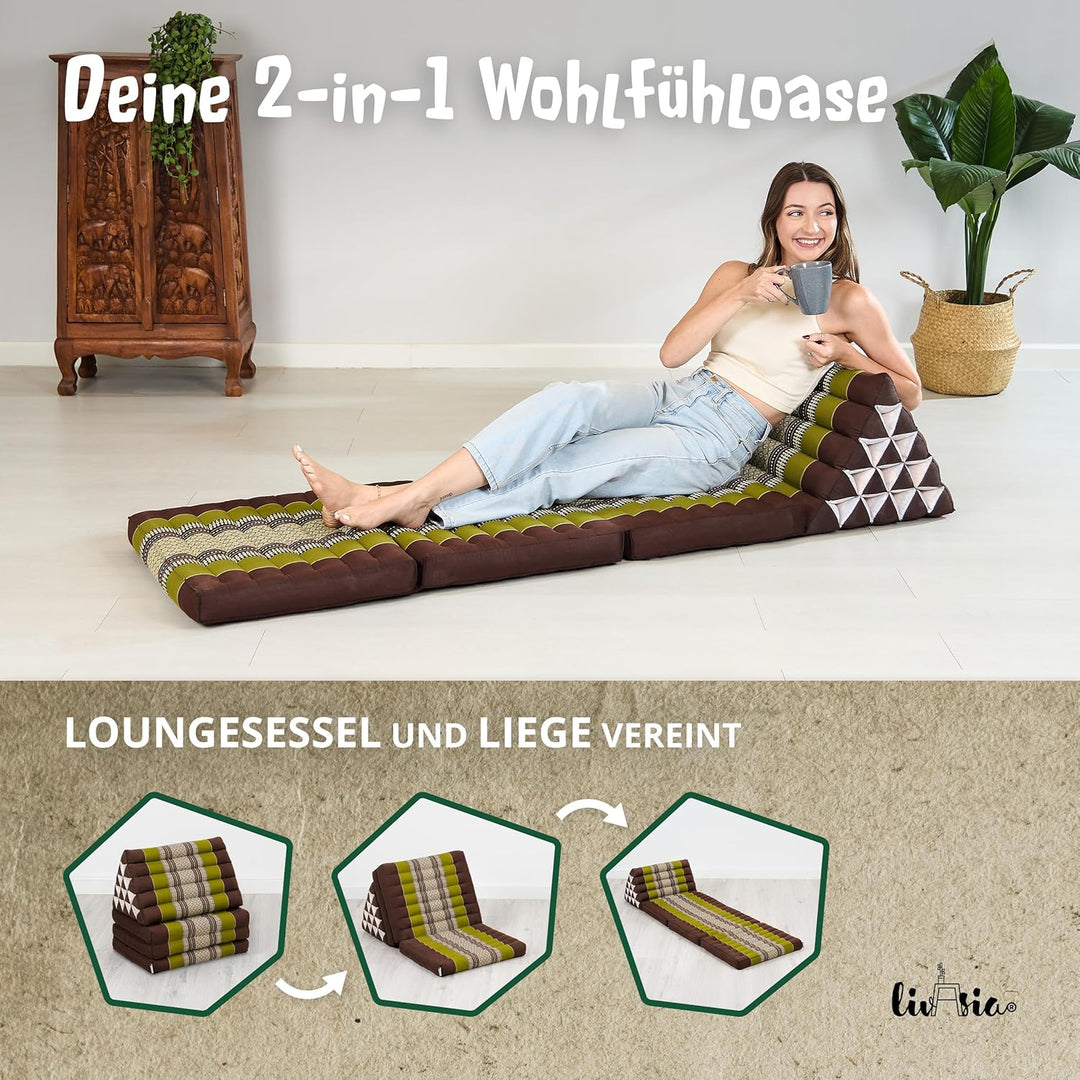 livasia Thaikissen 3 Auflagen extrahoch - 185x55x8cm - Dreieckskissen mit Klappmatratze, Kapok, Jumb