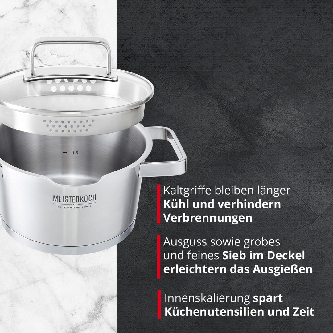 MEISTERKOCH Topf aus gebürstetem Edelstahl 16 cm Ø | mit Ausguss, Innenskalierung und isolierenden K