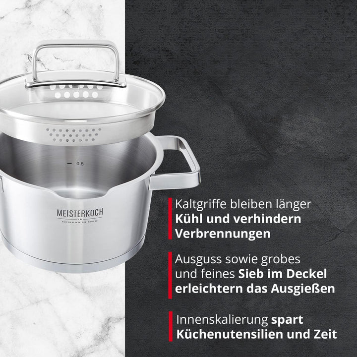 MEISTERKOCH Topf aus gebürstetem Edelstahl 16 cm Ø | mit Ausguss, Innenskalierung und isolierenden K