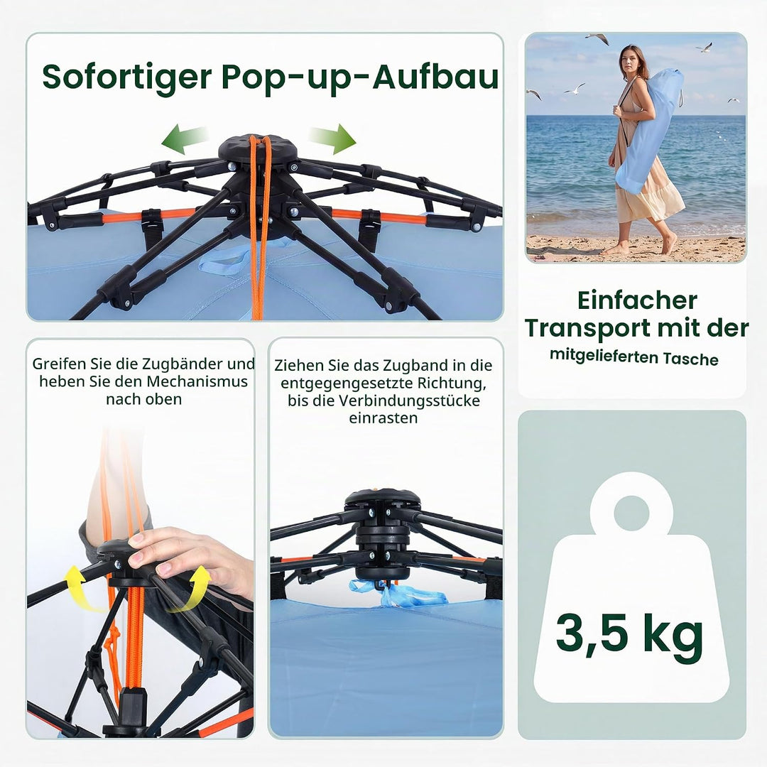 HOMASIS Pop-up Strandmuschel, wetterfestes Strandzelt für 3-4 Personen mit erweiterbarem Boden, Mesh