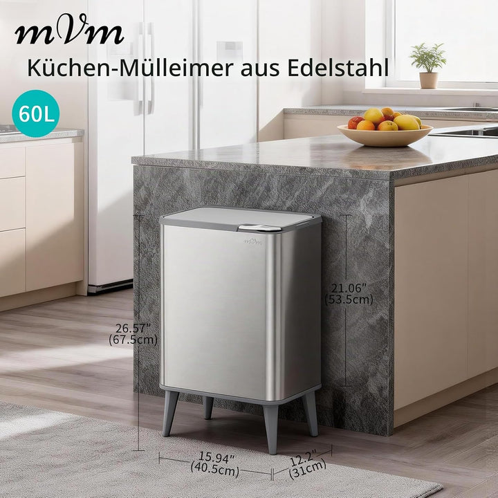 mVm Küchen &amp; Büromülleimer 60L, Edelstahl, Rechteckig, Mit Deckel &amp; Geruchsfilter, Sanftschliessend