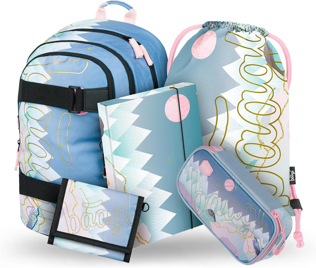 Baagl Schulrucksack Set Mädchen 5-Teilig, Schultasche ab 3. Klasse, Grundschule Ranzen mit Brustgurt