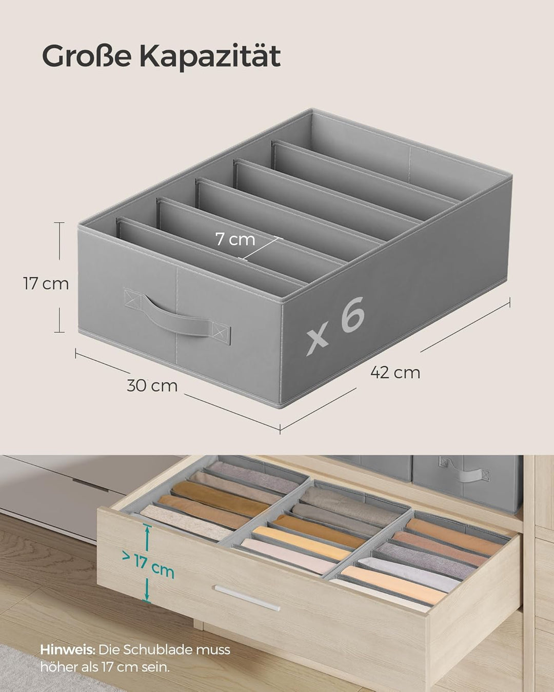 SONGMICS Kleiderschrank-Organizer 4er Set, Aufbewahrungsbox 6 Fächer, Schubladen-Ordnungssystem, Ord