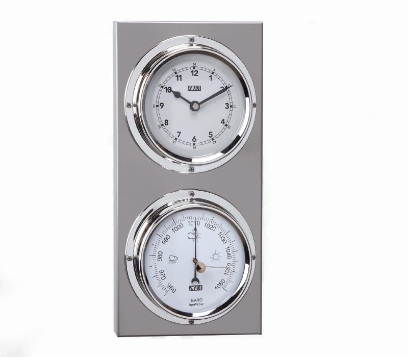 Wetterstation, Uhr und Barometer, hergestellt aus Edelstahl, 26 x 13 x 3,5 cm