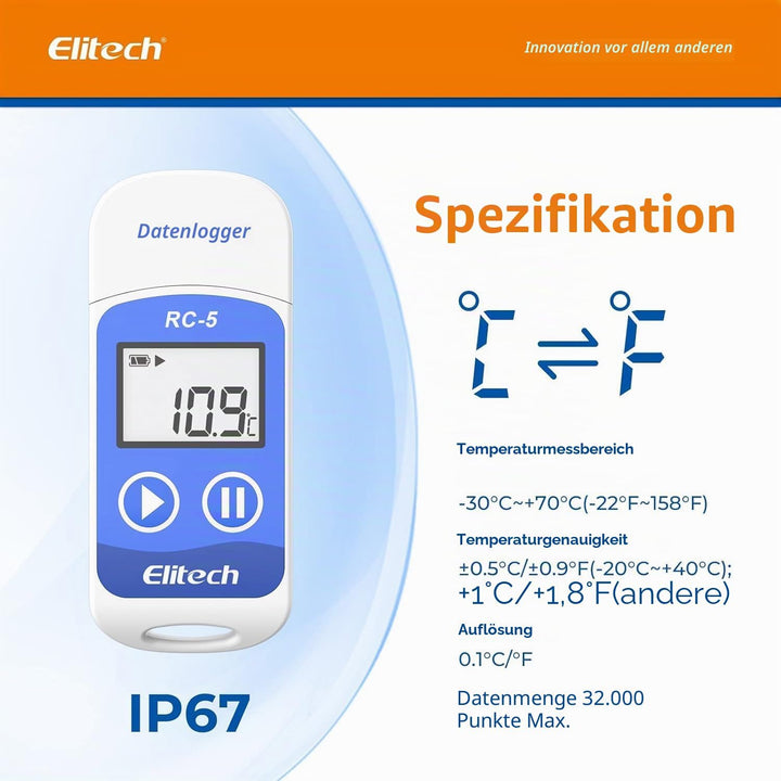 Elitech RC-5 Temperatur Datenlogger, IP65 Wasserdicht, 32000 Punkte Kapazität - Mini USB Temperaturr