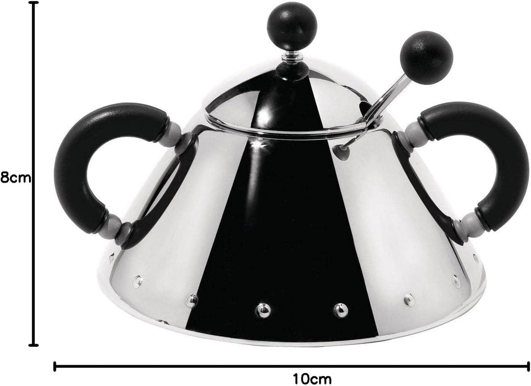 Alessi Zuckerdose mit Löffel aus Edelstahl, Griffen und Knopf aus PA, schwarz, Silber, 35.5 x 10.5 x