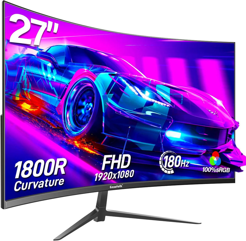 Gawfolk 27 Zoll Curved Gaming Monitor 165Hz/ 180Hz, PC Bildschirm Full HD 1080P, Rahmenloses 1800R C