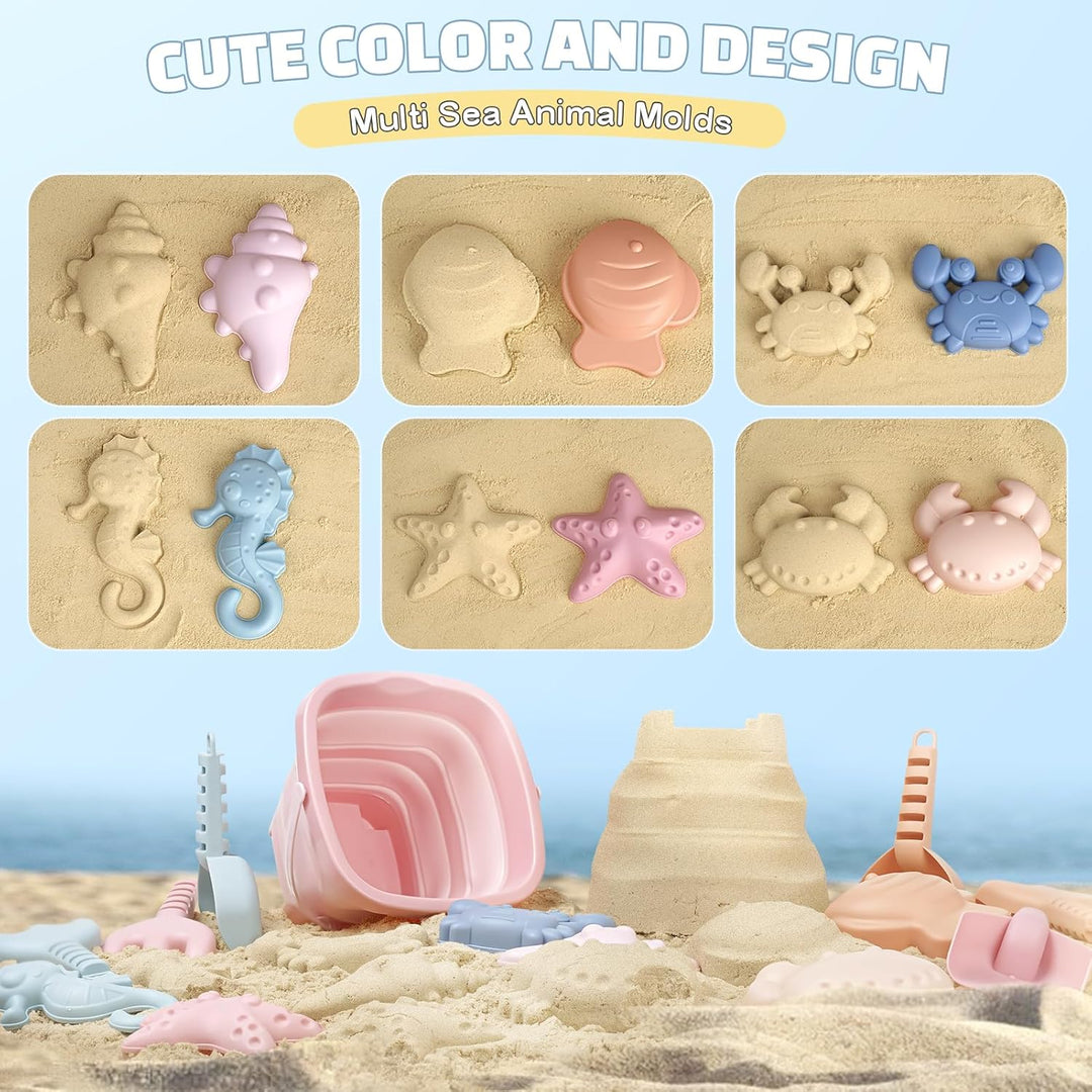 Dreamon Sandspielzeug Strandspielzeug Kinder, 18 PCS Reise Sandspielzeug mit Faltbarer Eimer, Sandka