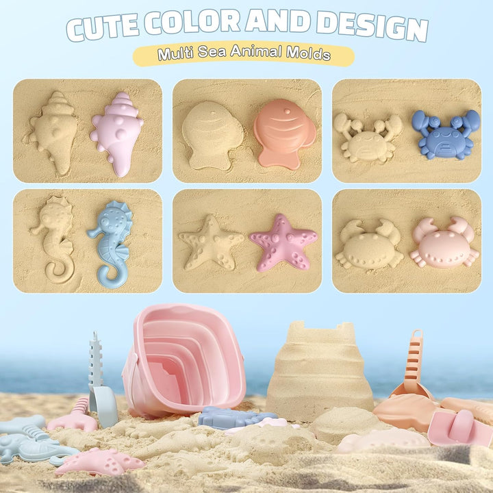 Dreamon Sandspielzeug Strandspielzeug Kinder, 18 PCS Reise Sandspielzeug mit Faltbarer Eimer, Sandka