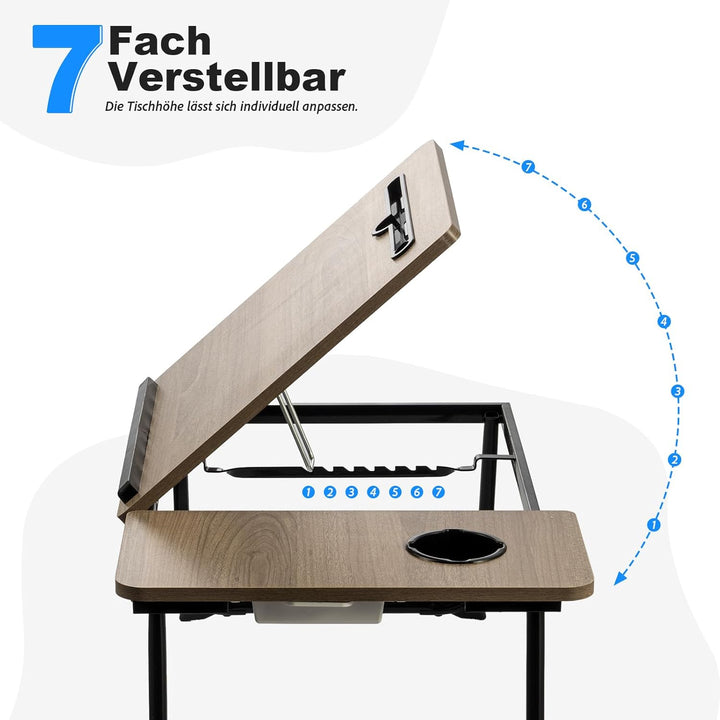 Faltbarer Laptoptisch, höhenverstellbarer Laptop-Tisch mit Getränkehalter & Lesepult, tragbarer Bett