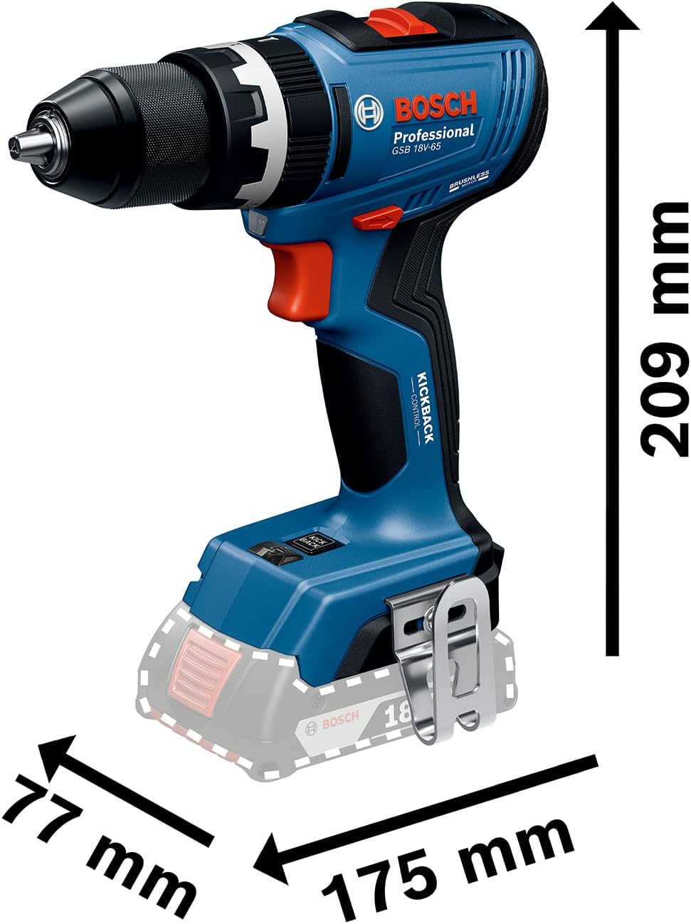 Bosch Professional 18V System Akku-Bohrschrauber GSB 18V-65 (bürstenloser Motor, Kopflänge 175, inkl